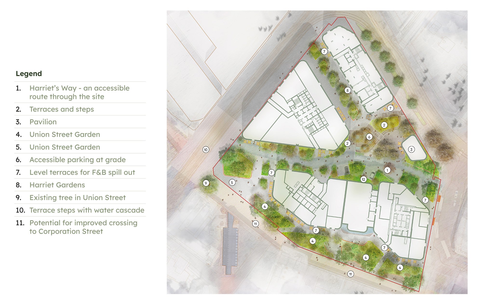 A map showing the areas of the site unlocked for public use.