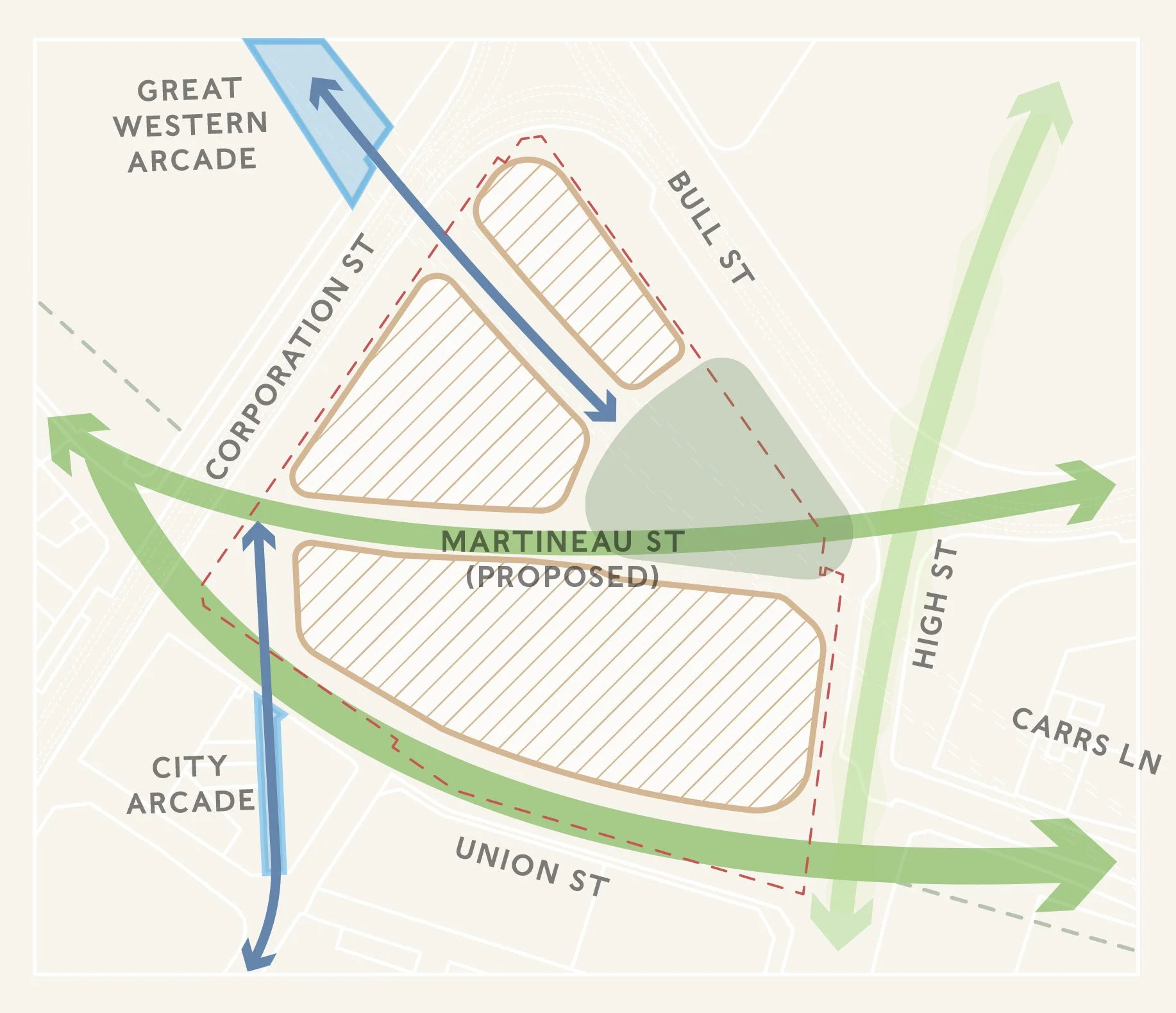 A close up of green links and key routes through Martineau Place.
