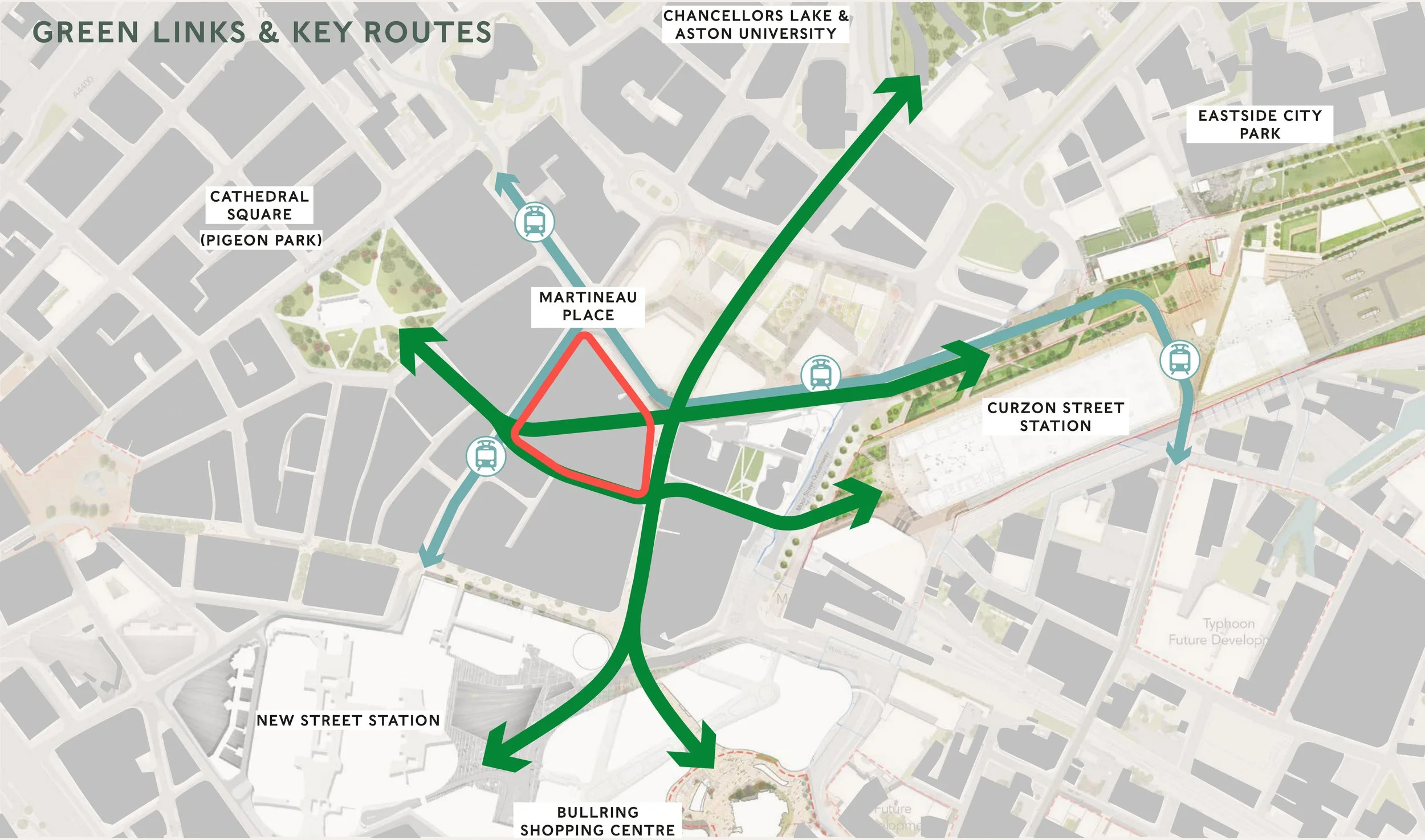Green links and key routes through Martineau Place.