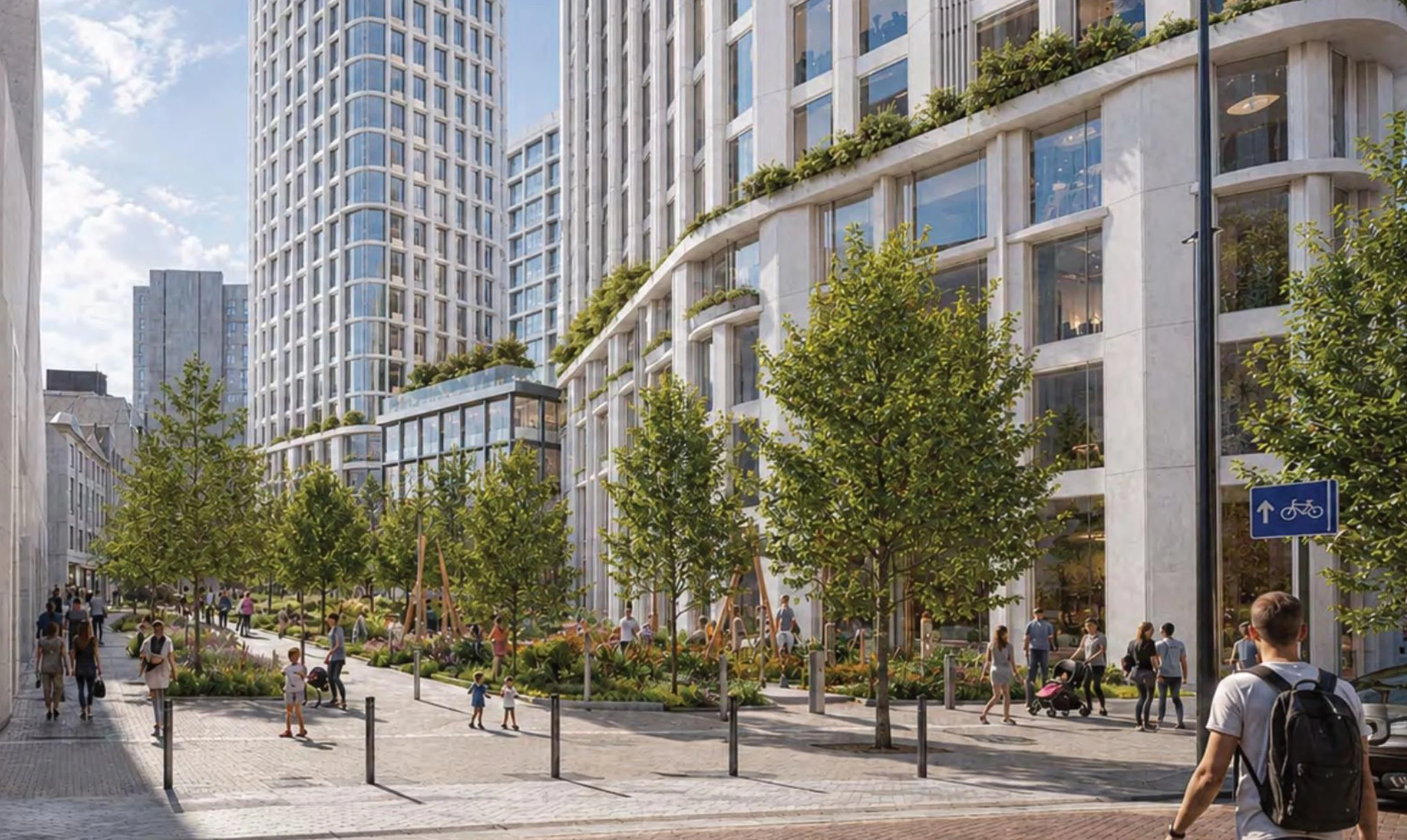 A CGI of our vision for Martineau Place, showing a modern urban street scene with tall glass buildings, a park with trees, walking paths, and people walking and biking.