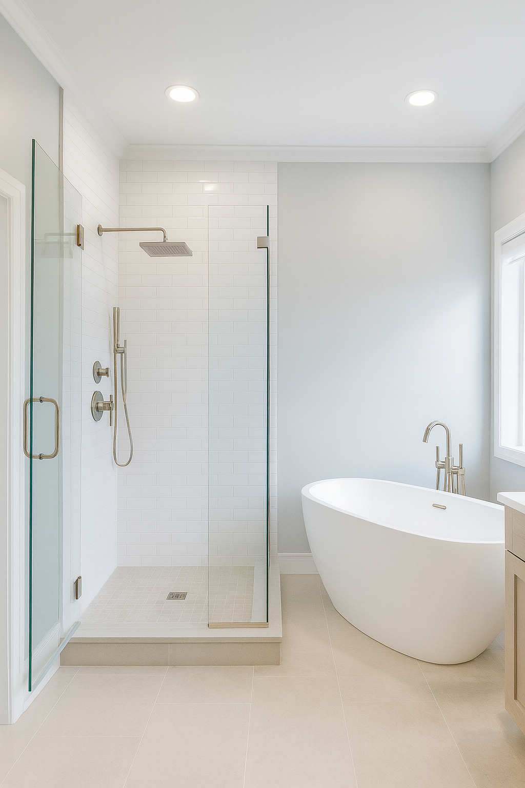 Modern bathroom with a glass-enclosed shower area with white subway tiles, a hand shower, and a rain shower head, alongside a standalone white bathtub with a floor-mounted faucet, illuminated by natural light from a window.