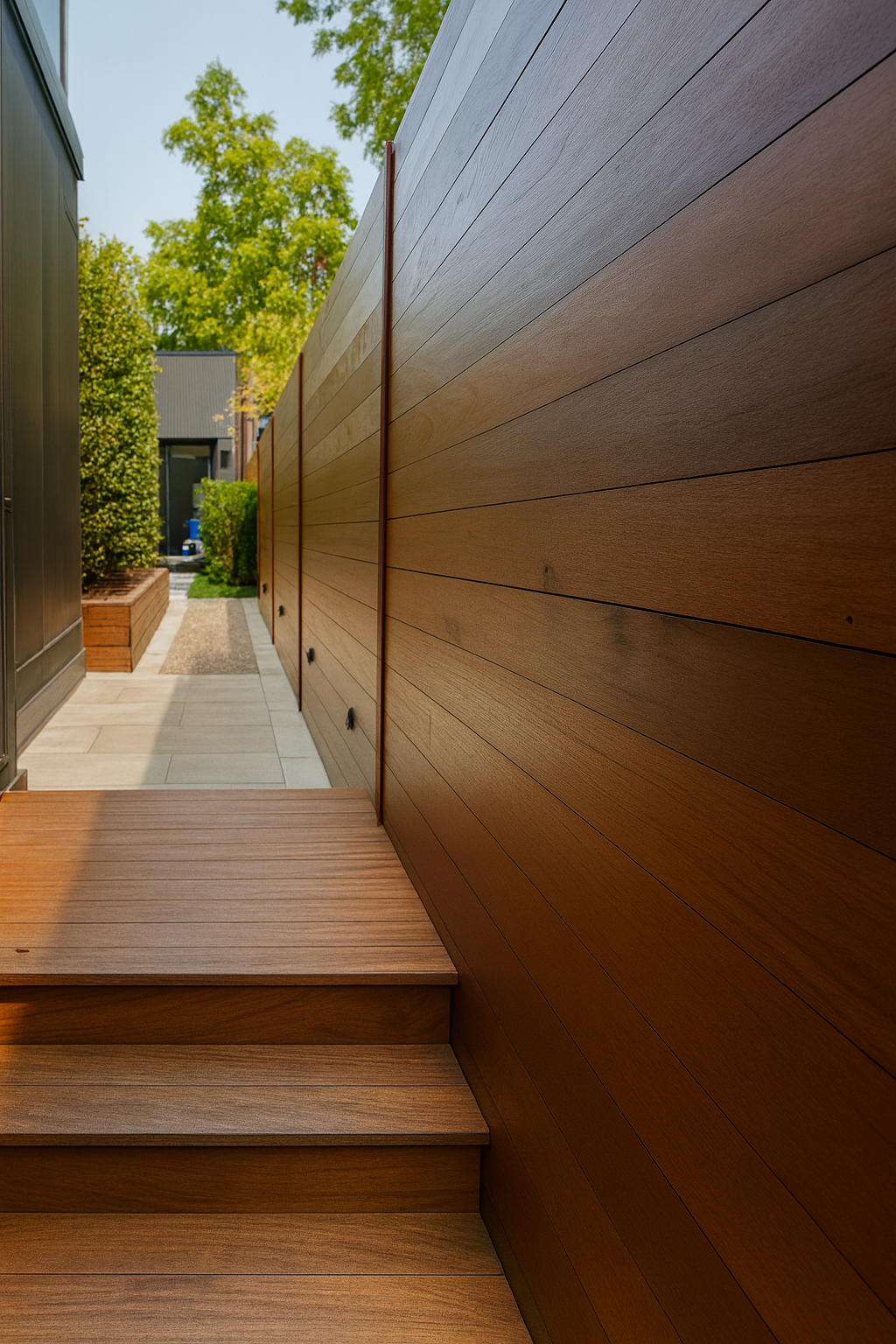 Wooden exterior wall with horizontal planks, part of a modern outdoor space with steps and a walkway, green trees in the background.