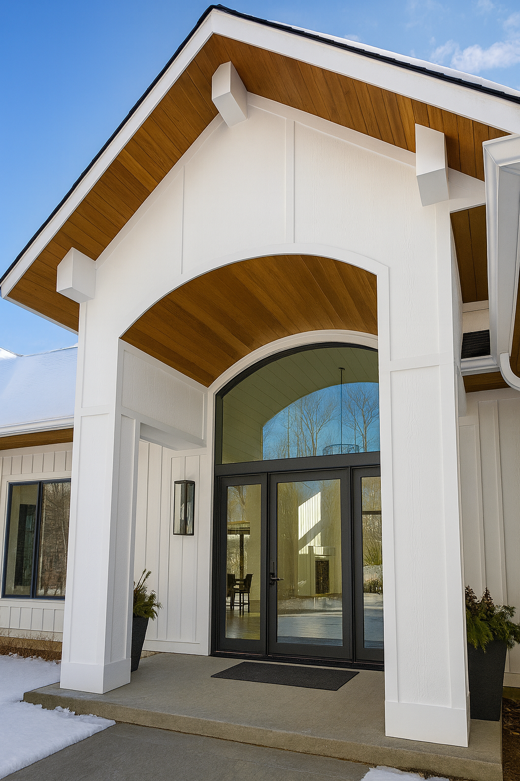 Front entrance of a modern house with white siding, a large arched window, and a black door, with wooden accents and clear glass, under a blue sky.