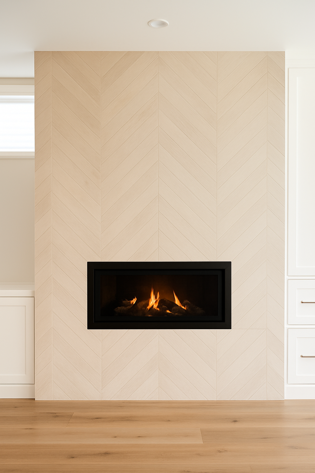 Modern fireplace with a black frame on a light wood-paneled wall inside a bright room with white cabinetry and a small window.