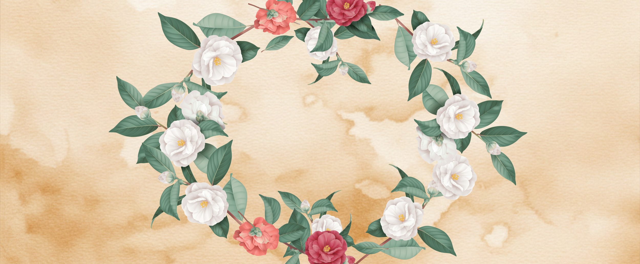 A circular floral wreath with white and pink flowers and green leaves on a beige textured background.