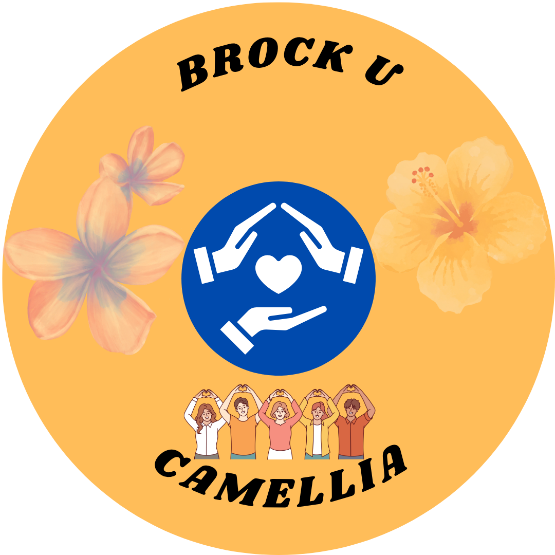 Logo with a peach background, featuring flowers, a blue circle with hands and a heart, the text 'Brock U' at the top, and five diverse people forming heart shapes with their arms at the bottom, with the word 'Camellia'.