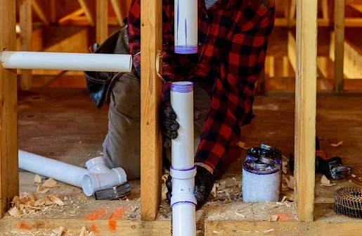 A person installing or repairing white PVC pipes in a wooden wall frame during construction.