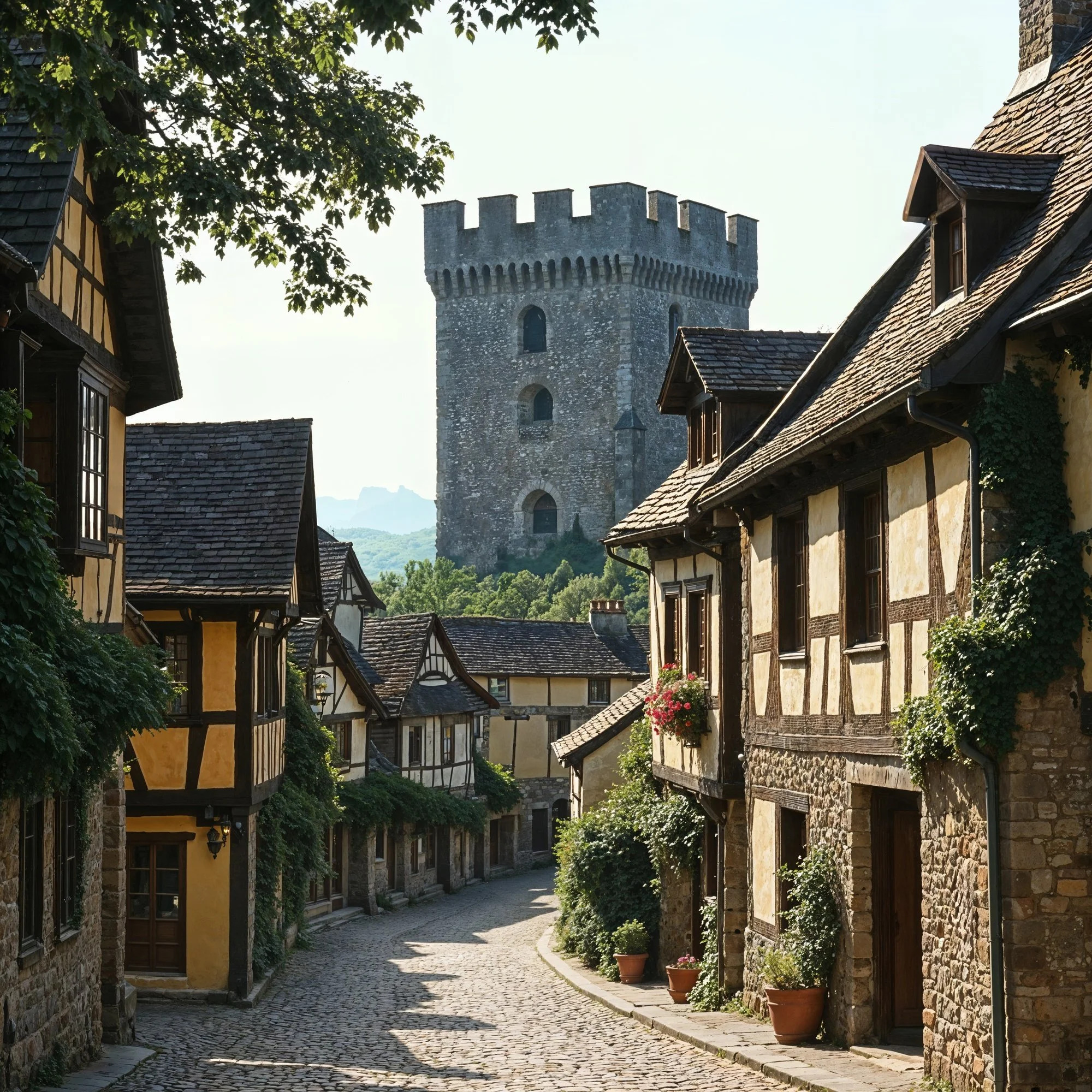 A cobblestone street in a historic European village, surrounded by old timber-framed houses with flower pots outside, and a medieval stone tower with battlements in the background, under a clear sky.