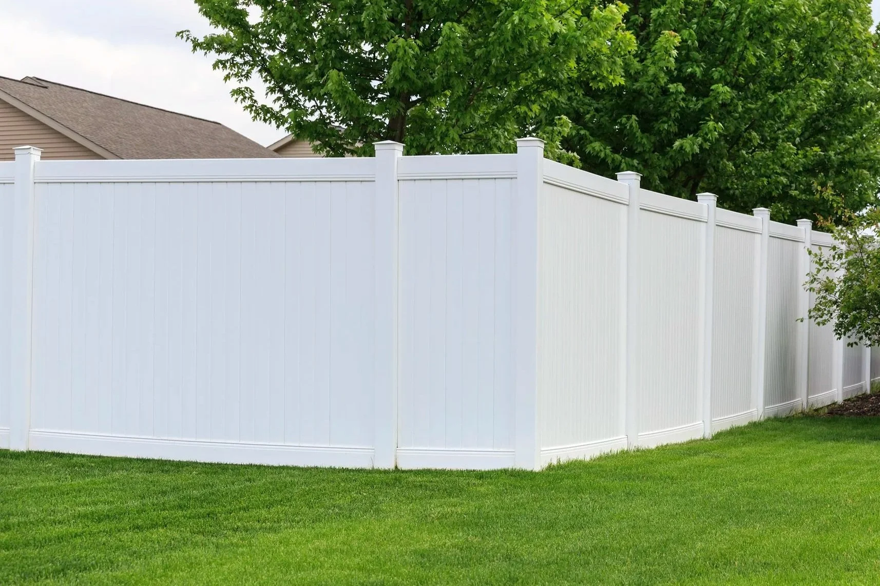 A white vinyl privacy fence enclosing a grassy backyard with a large green tree and part of a house roof visible in the background.