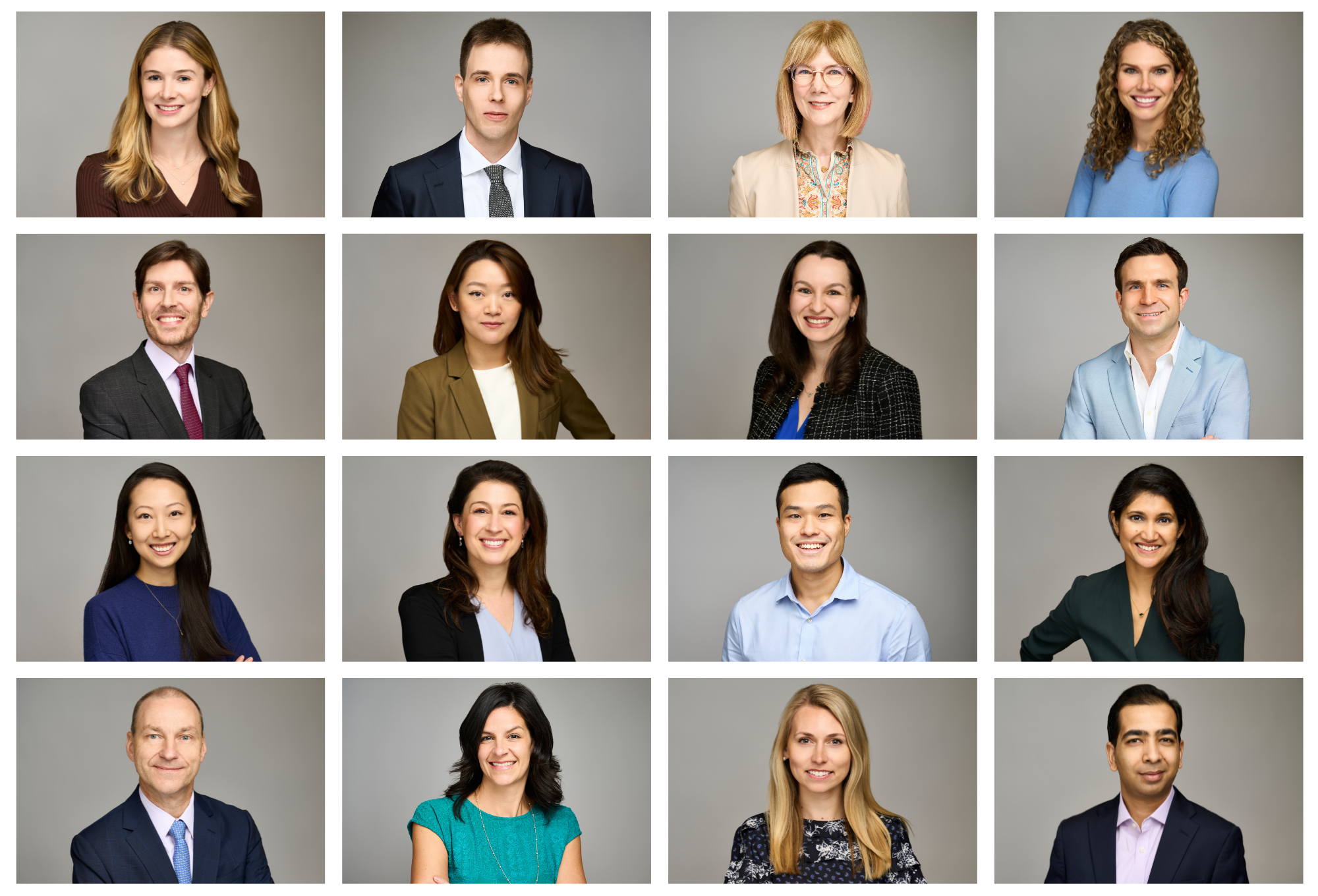 Collage of headshots of diverse professional individuals, four rows with five people in each, against a gray background.