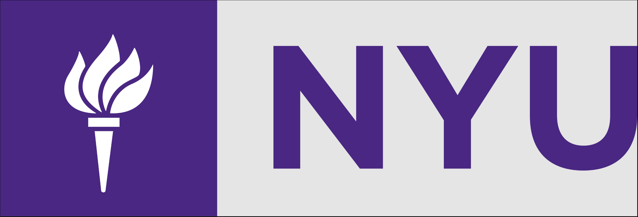 NYU logo with purple torch icon on purple background and white letters NYU on gray background.