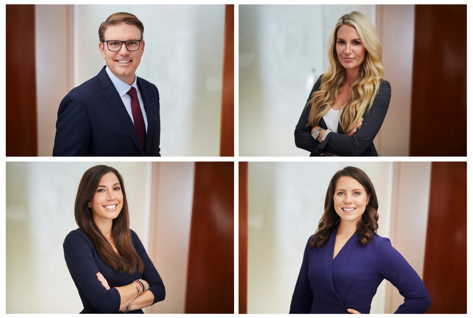 Four professional headshots of two women and two men, each standing in front of neutral backgrounds with wooden doorframes, dressed in business attire.