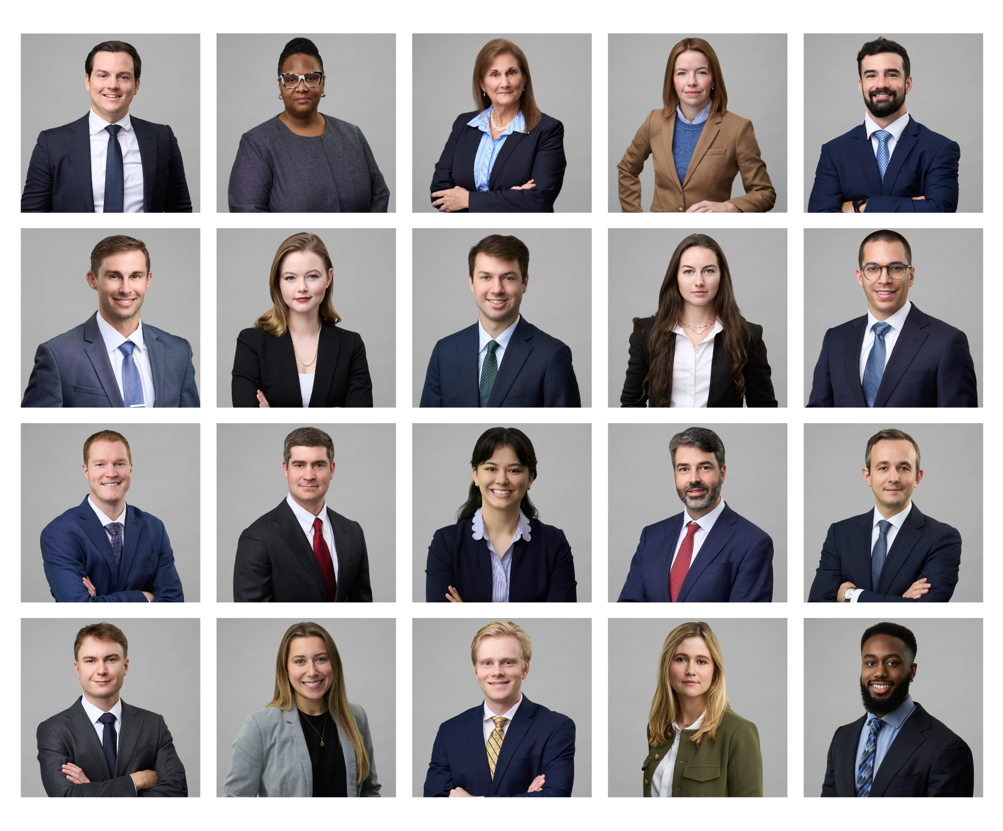 Collection of headshots of diverse professionals, both men and women, dressed in business attire, posed against a neutral gray background.