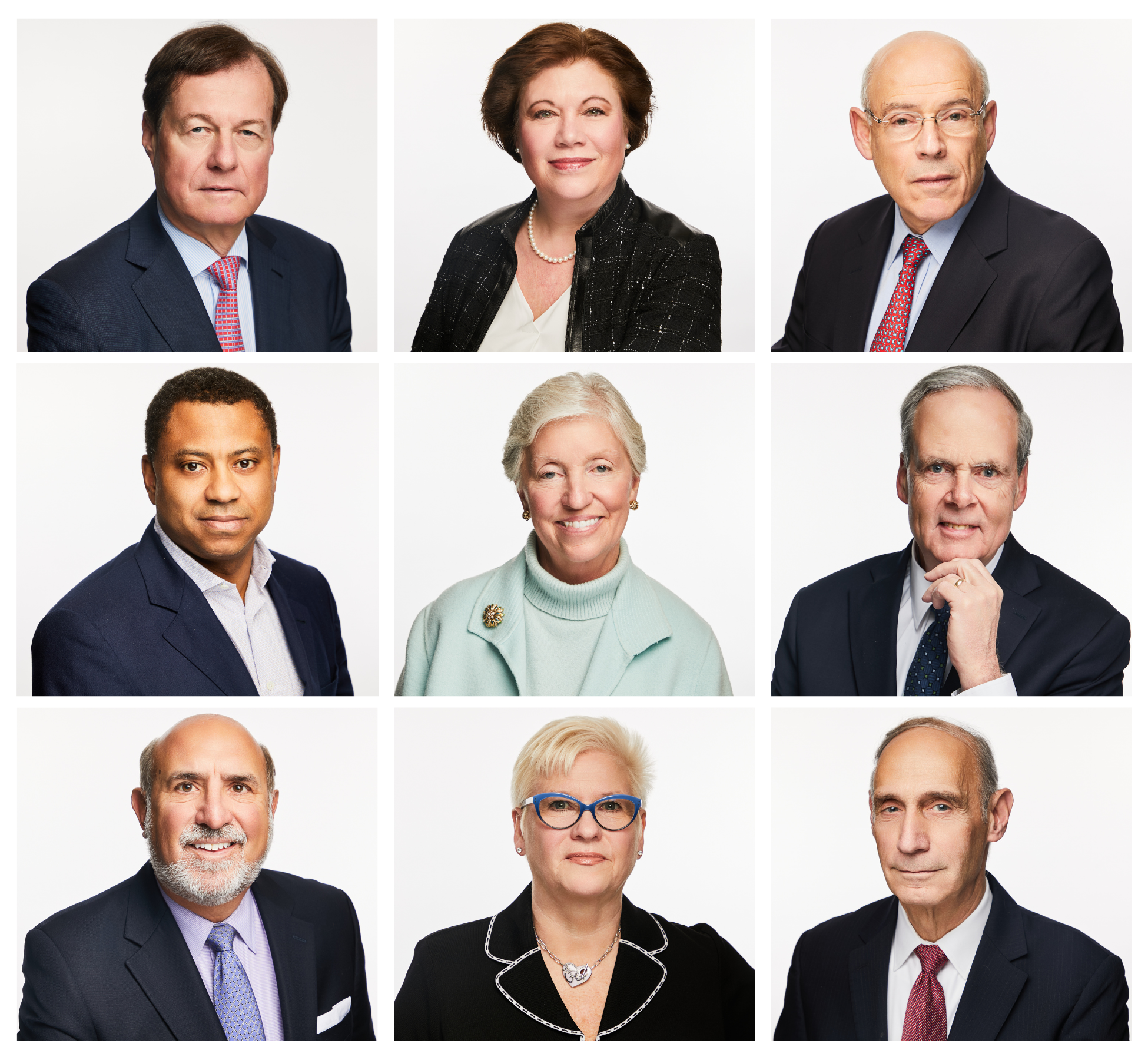 Gallery of nine professional portraits of diverse adults in formal attire against a white background.