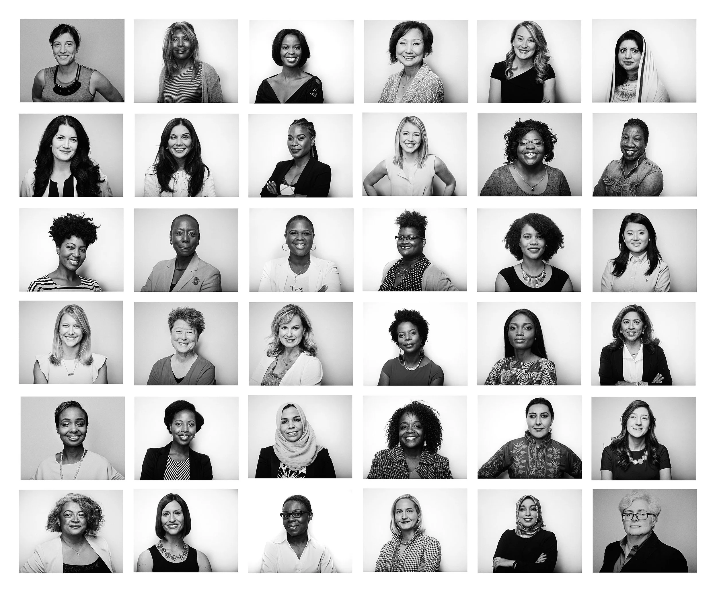 Collage of black and white portraits of diverse women, each smiling and facing the camera with various hairstyles and clothing styles.