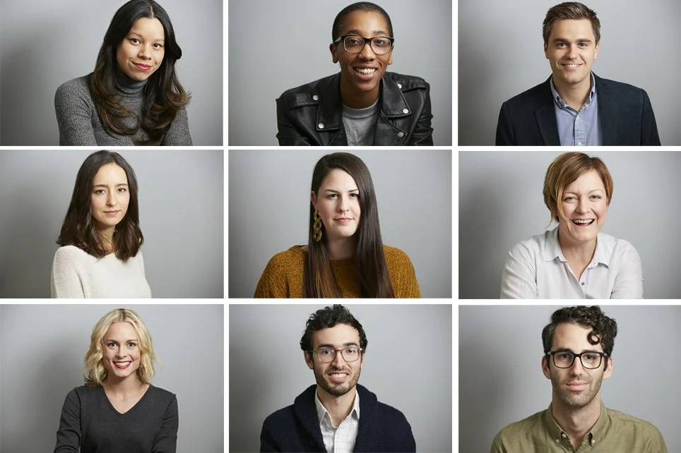 Collage of nine diverse headshots of men and women against a gray background.