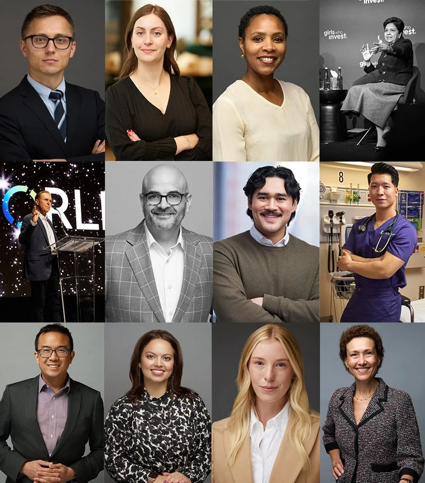 Collage of twelve professional individuals in various settings, including office, conference, and medical environments, representing diverse genders and ethnicities.