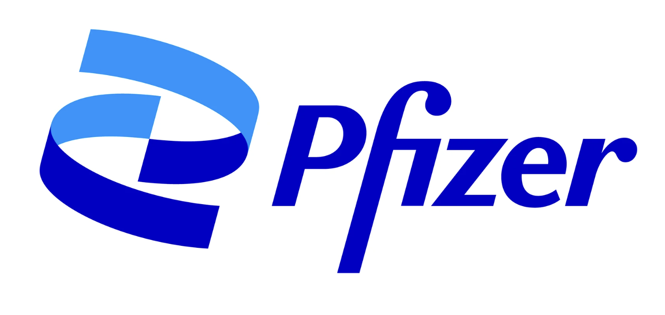 Pfizer logo with blue and light blue ribbon-like symbol and the word 'Pfizer' in blue text.