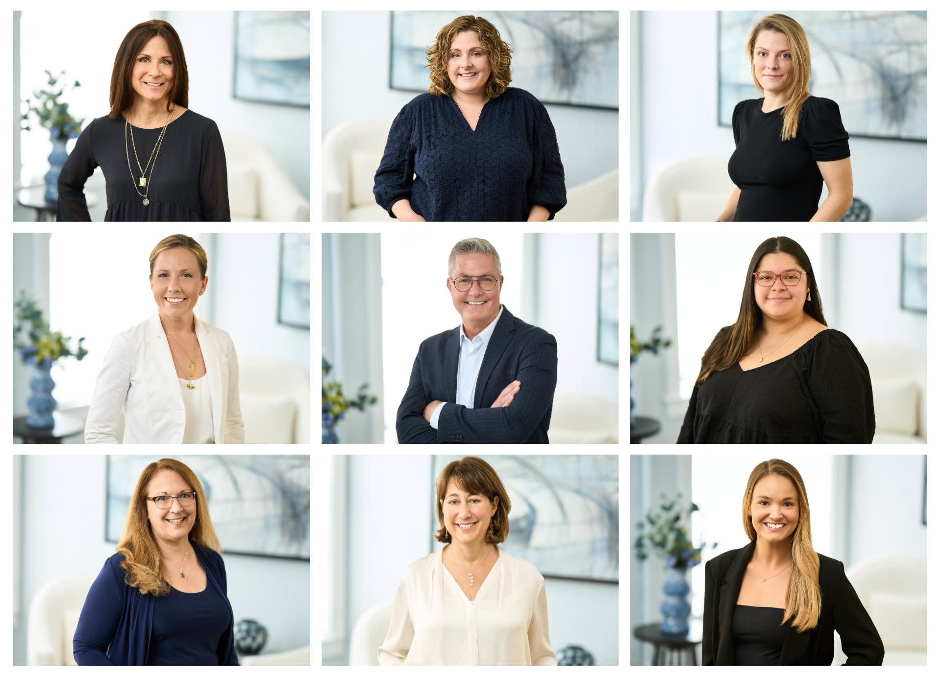 Collage of eleven diverse professional individuals, nine women and two men, posing in a modern office setting with a light-colored background and plants.