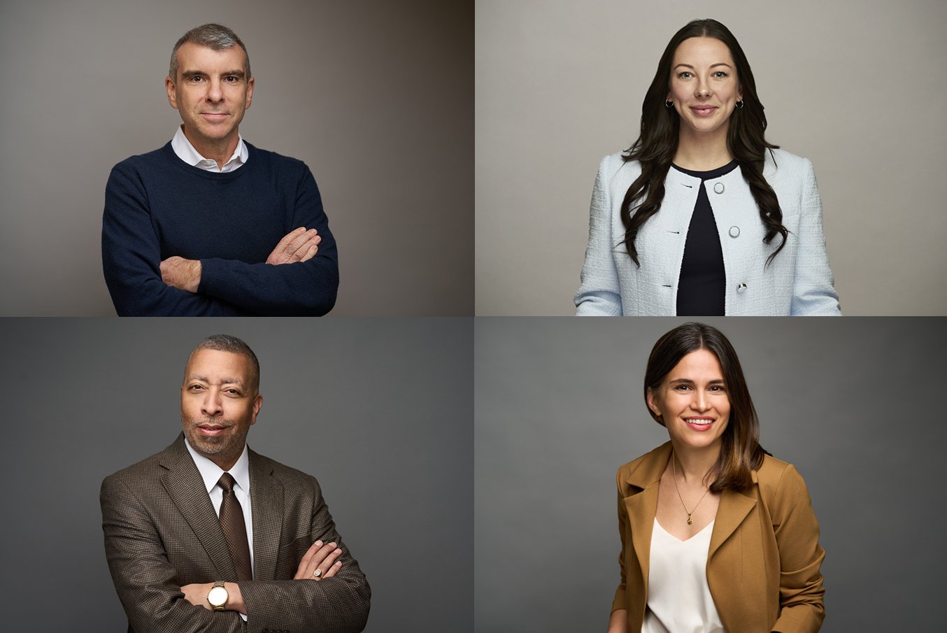 Four professional individuals, two men and two women, posing for portrait photographs with neutral backgrounds, dressed in business attire.