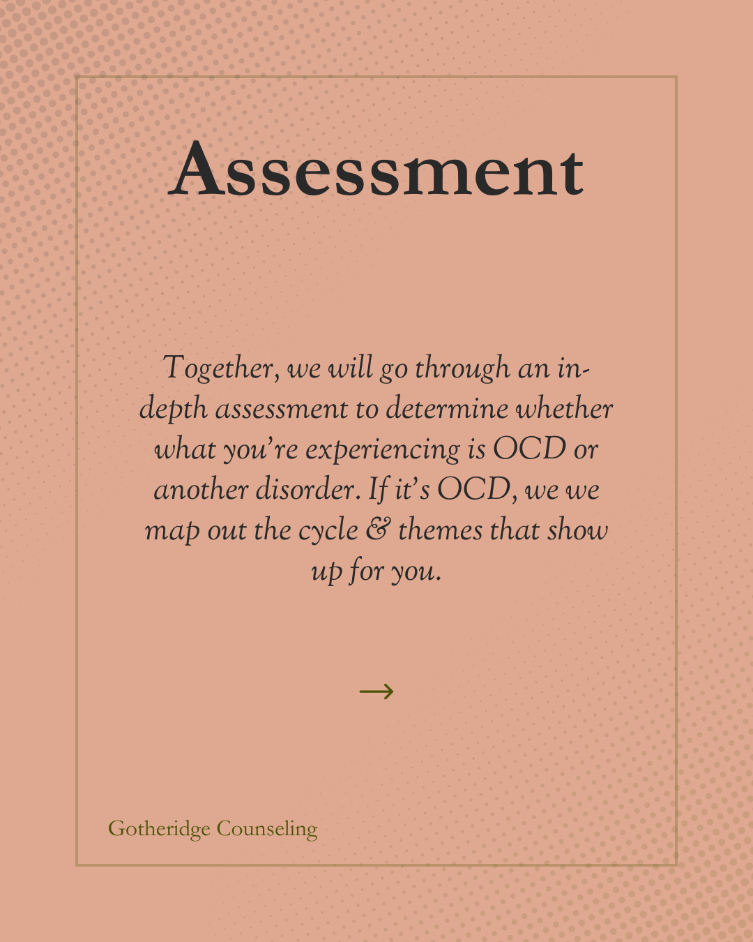 Cover page of a presentation or document titled 'Assessment' by Gotheridge Counseling, describing an in-depth assessment for OCD or other disorders.