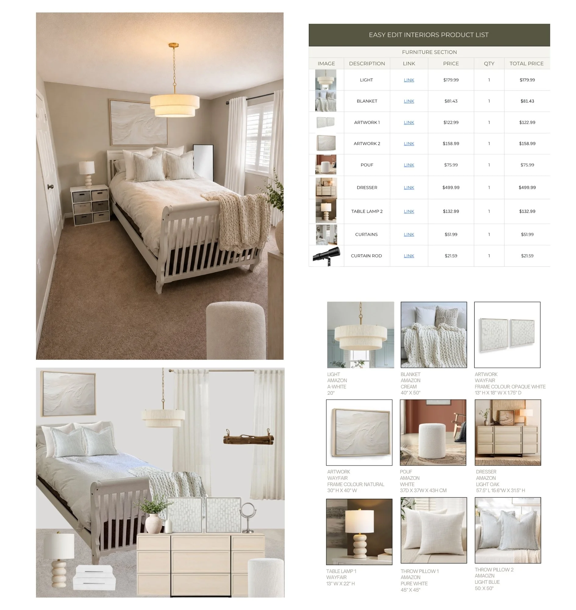 Cozy bedroom with a white bed frame, beige bedding, matching pillows, white curtains, and a beige wall with a framed artwork, alongside white nightstand, lamp, and decorative items.