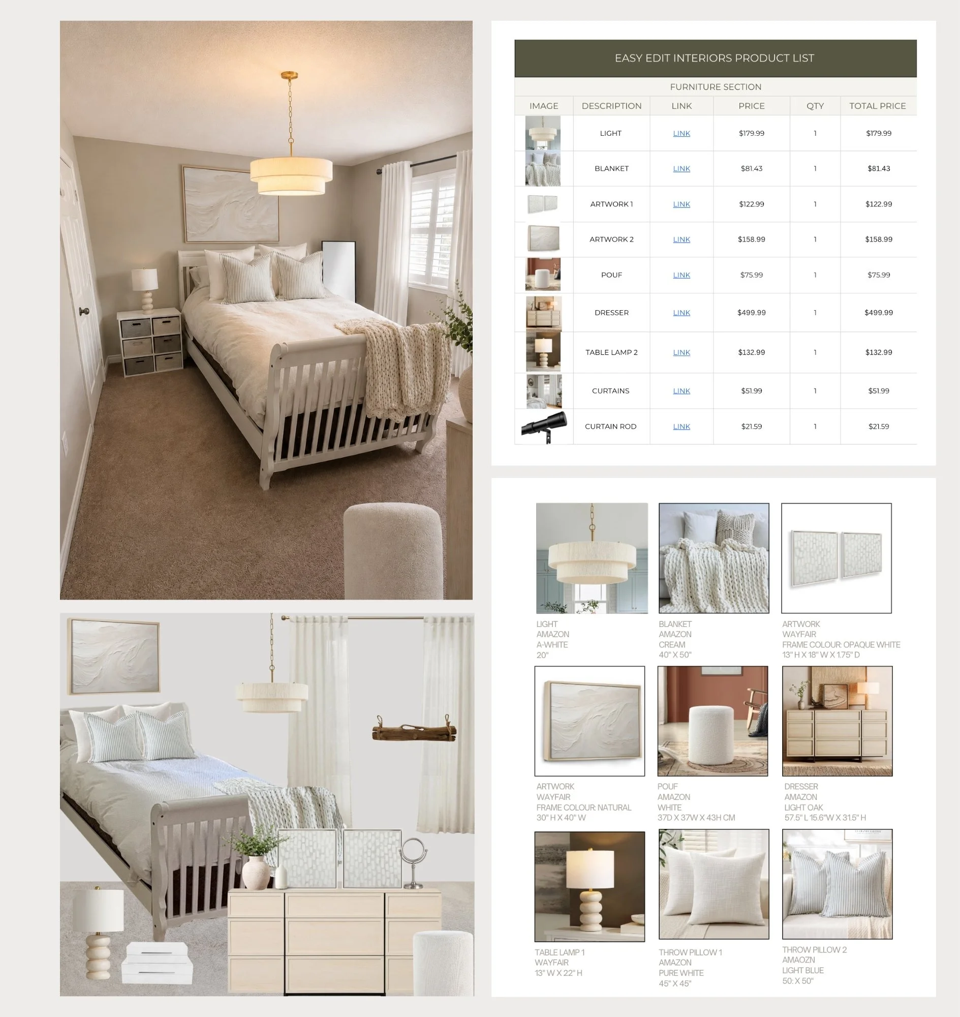 Collage of interior decor products, including lamps, pillows, curtains, artwork, a dresser, and a bedroom with neutral tones.