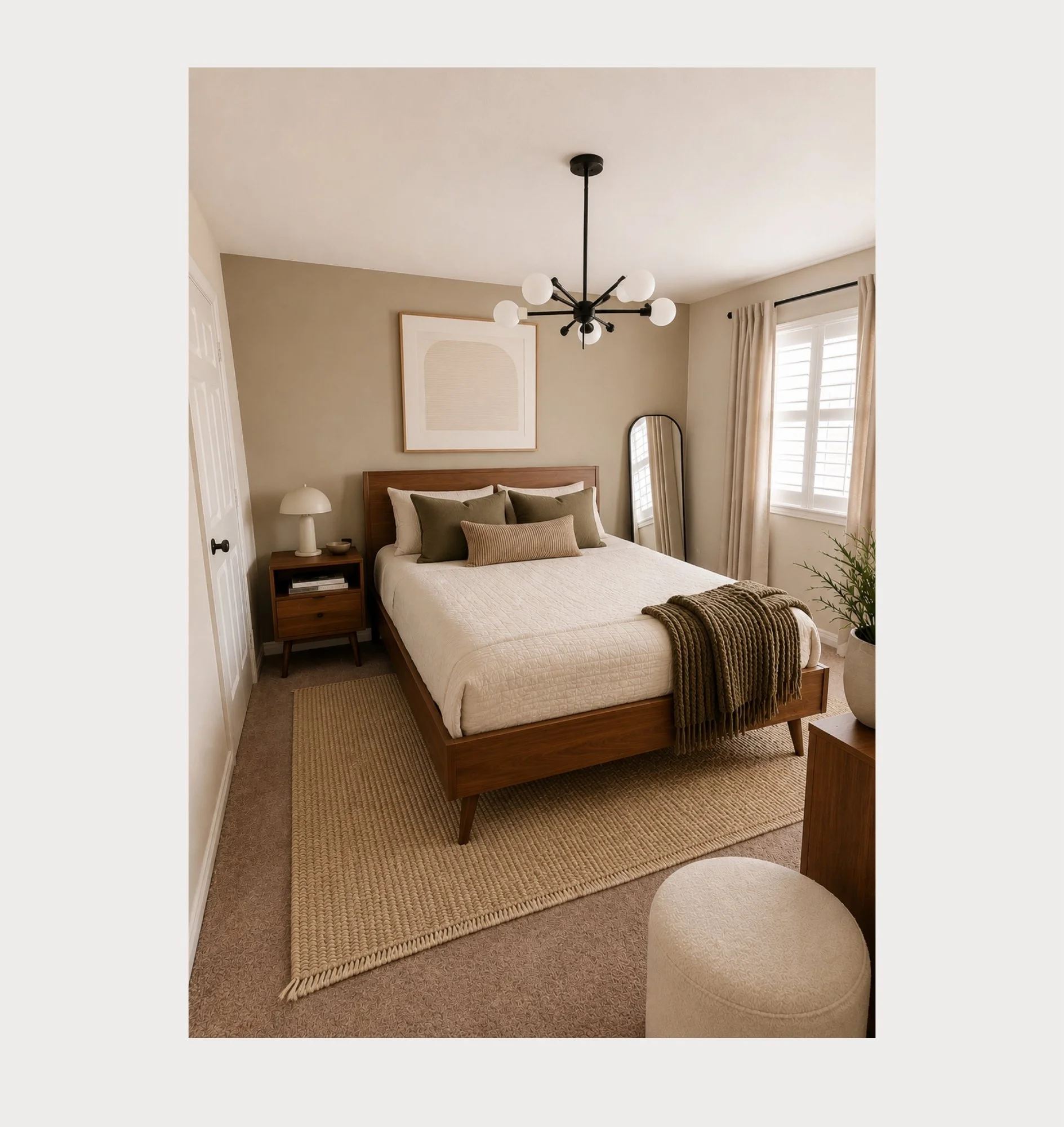A bedroom with beige walls, a bed with a wooden frame, beige bedding, and multiple throw pillows. There is a nightstand with a white lamp, a framed abstract artwork, a full-length mirror, large windows with curtains, a potted plant, and a textured beige area rug.