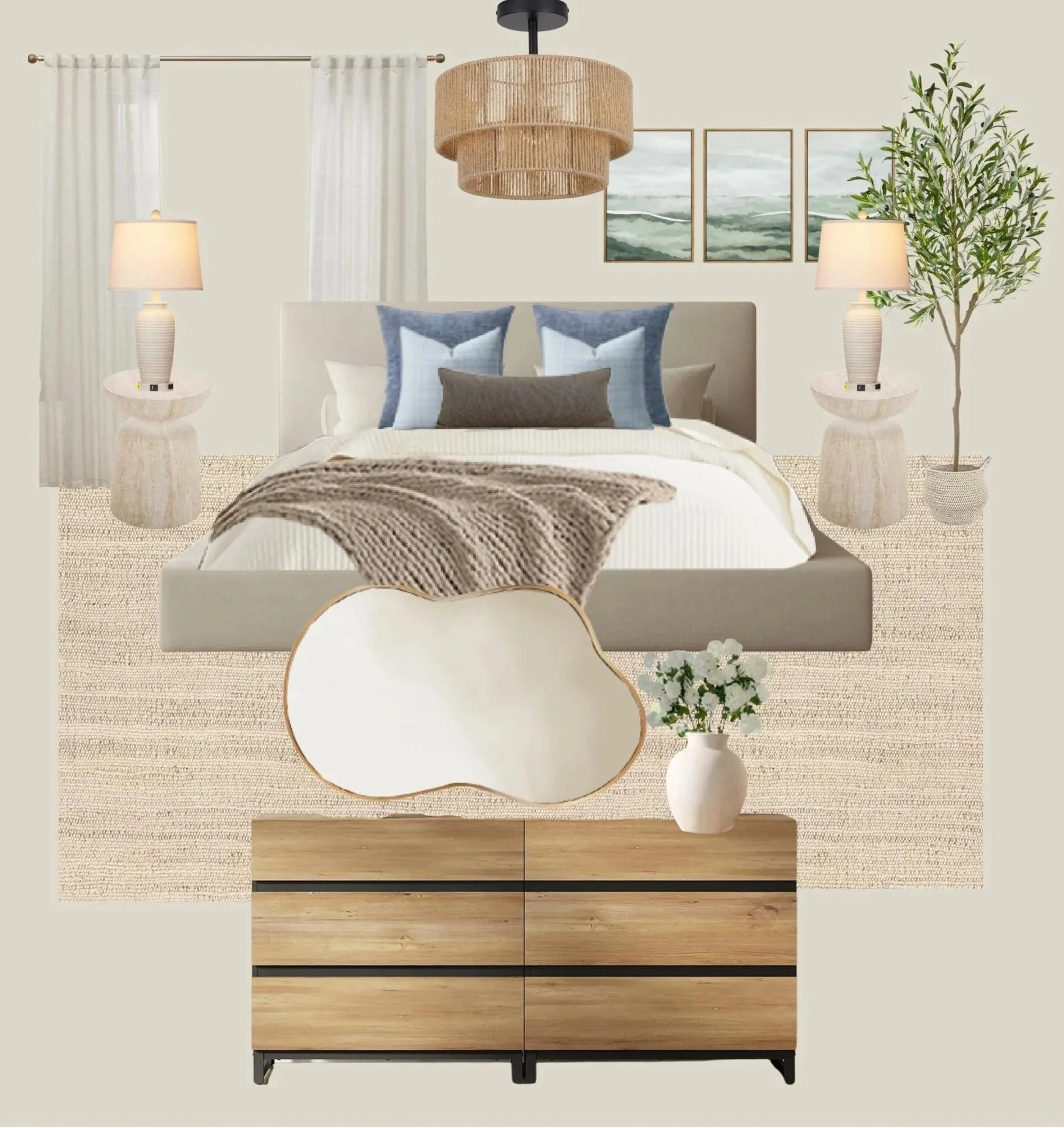 A modern bedroom with an off-white bed, blue, white, and gray pillows, a beige blanket, a wooden dresser with black accents, a large mirror, two matching table lamps on stone bases, a large woven pendant light, a canvas art set, a potted plant, and a textured beige rug.