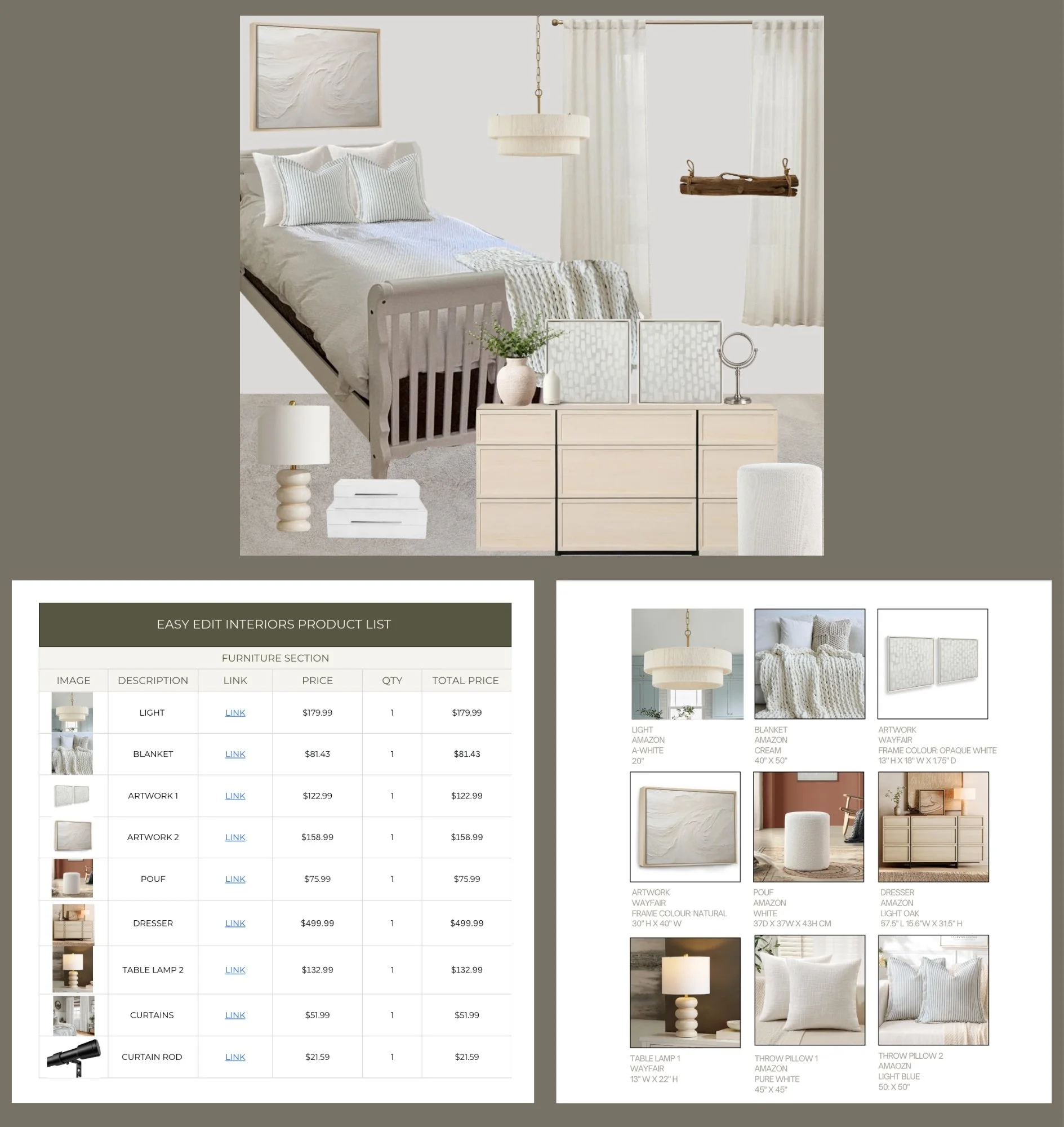 Bedroom with twin beds, white bedding, striped pillows, hanging chandelier, window with sheer curtains, wooden hanging swing, dresser, table lamp, framed artwork, various furniture and decor items listed in a catalog.