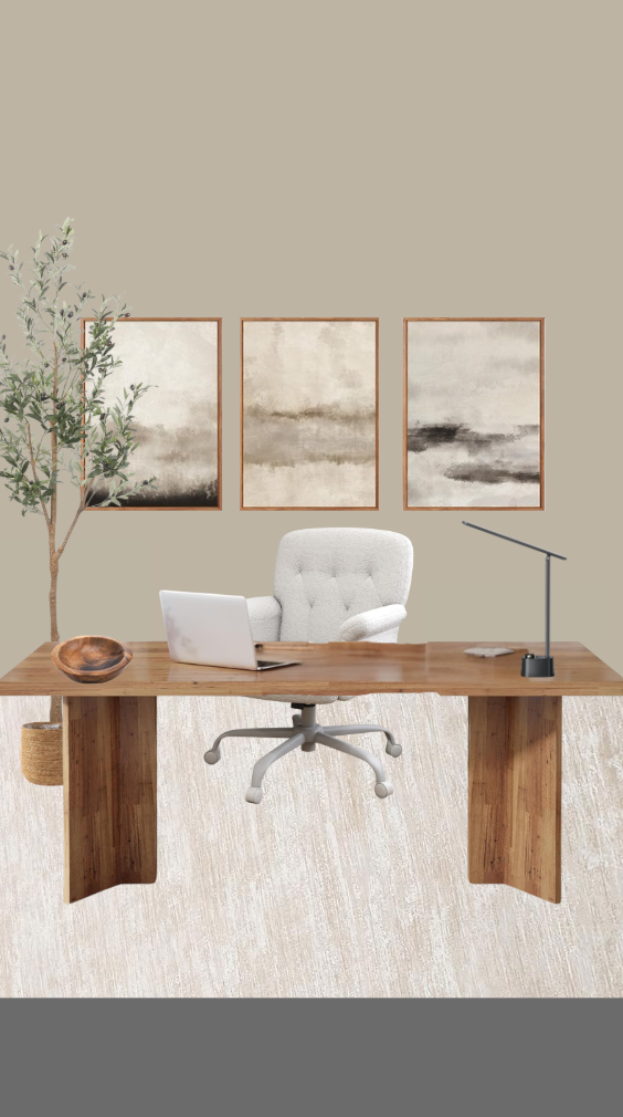 Modern office workspace with a wooden desk, white office chair, potted plant, three abstract landscape paintings on the wall, and a beige carpet.