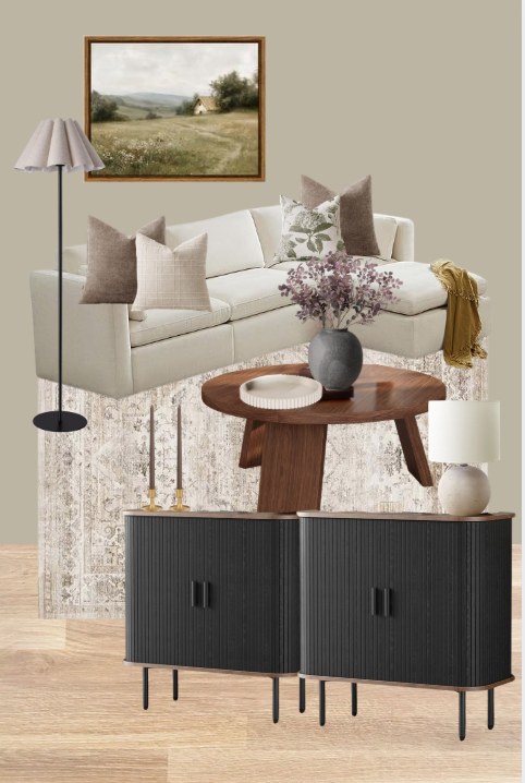 Living room with beige sofa, colorful pillows, wooden coffee table with vase of flowers, wall art painting, standing lamp, black sideboard, and decorative lamps.
