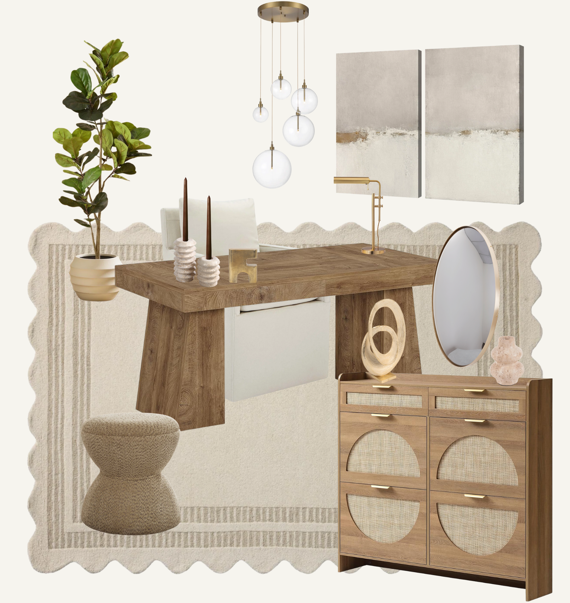 A modern dining room with a wooden table, white chairs, a decorative beige and cream rug, a potted plant, candles, and abstract artwork on the wall, with a hanging light fixture.