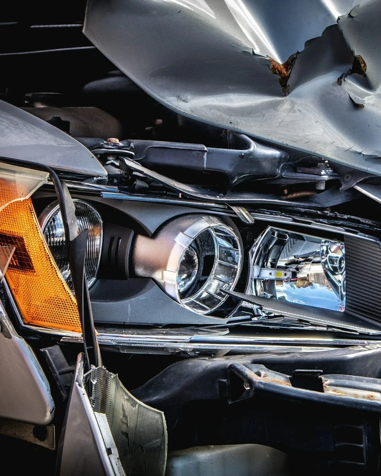 Close-up of a damaged silver car with a crumpled hood, broken headlight, and visible rust on the engine compartment. auto accident