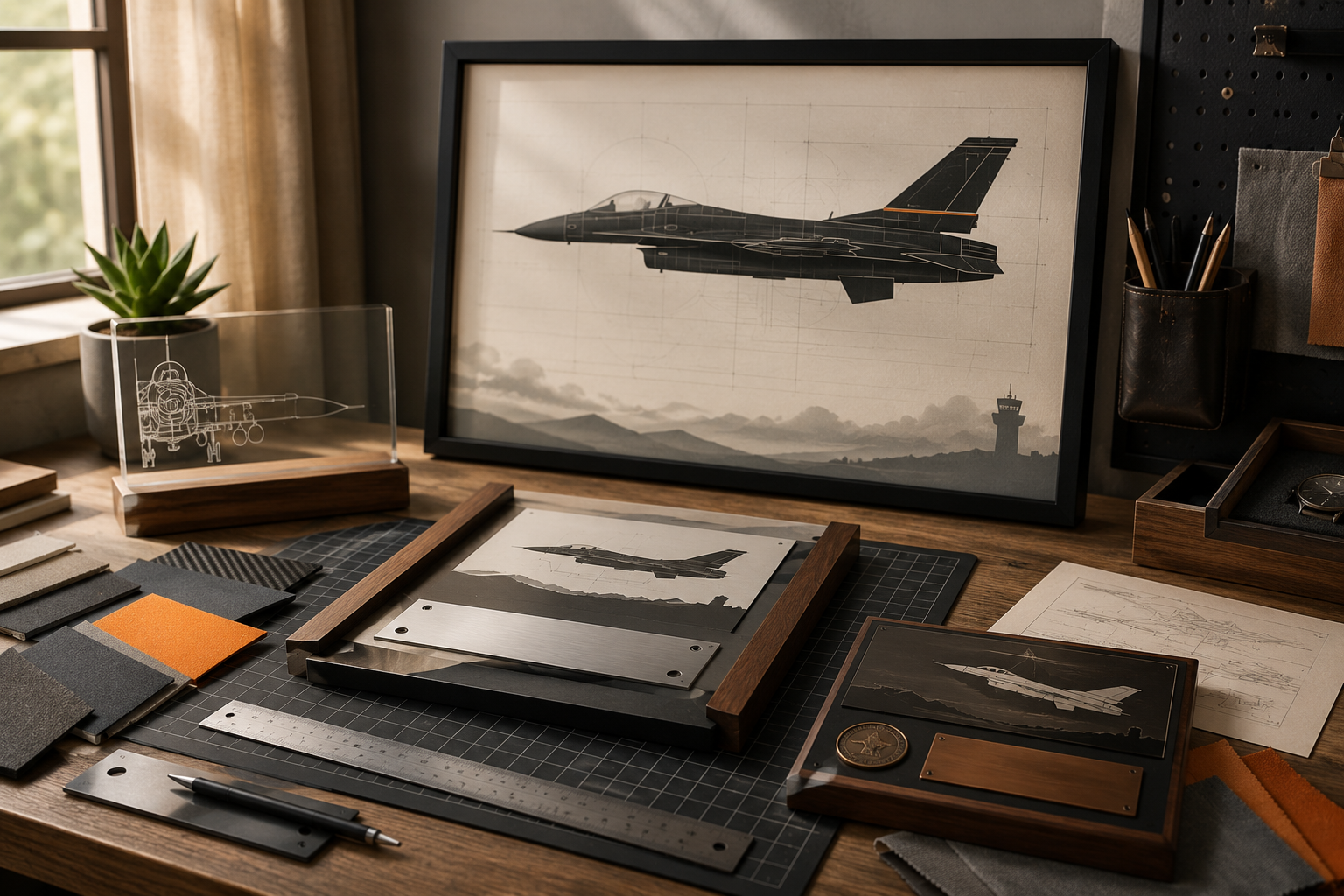 Design workspace with aircraft sketches, color swatches, and framed airplane images and models
