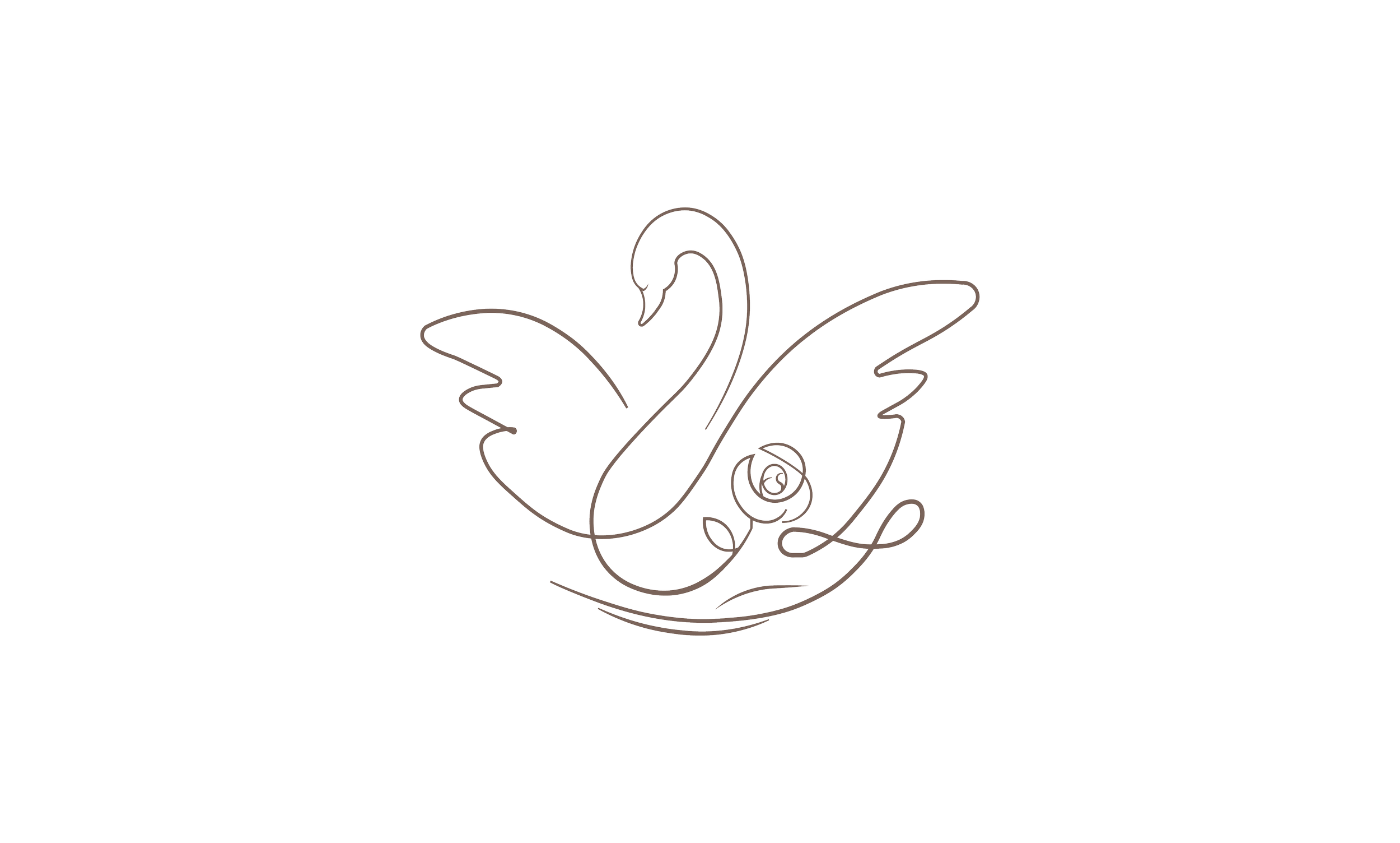 Dessin au trait d'une tête de cygne avec ses ailes déployées, ornée de roses et de feuilles, style artistique minimaliste.