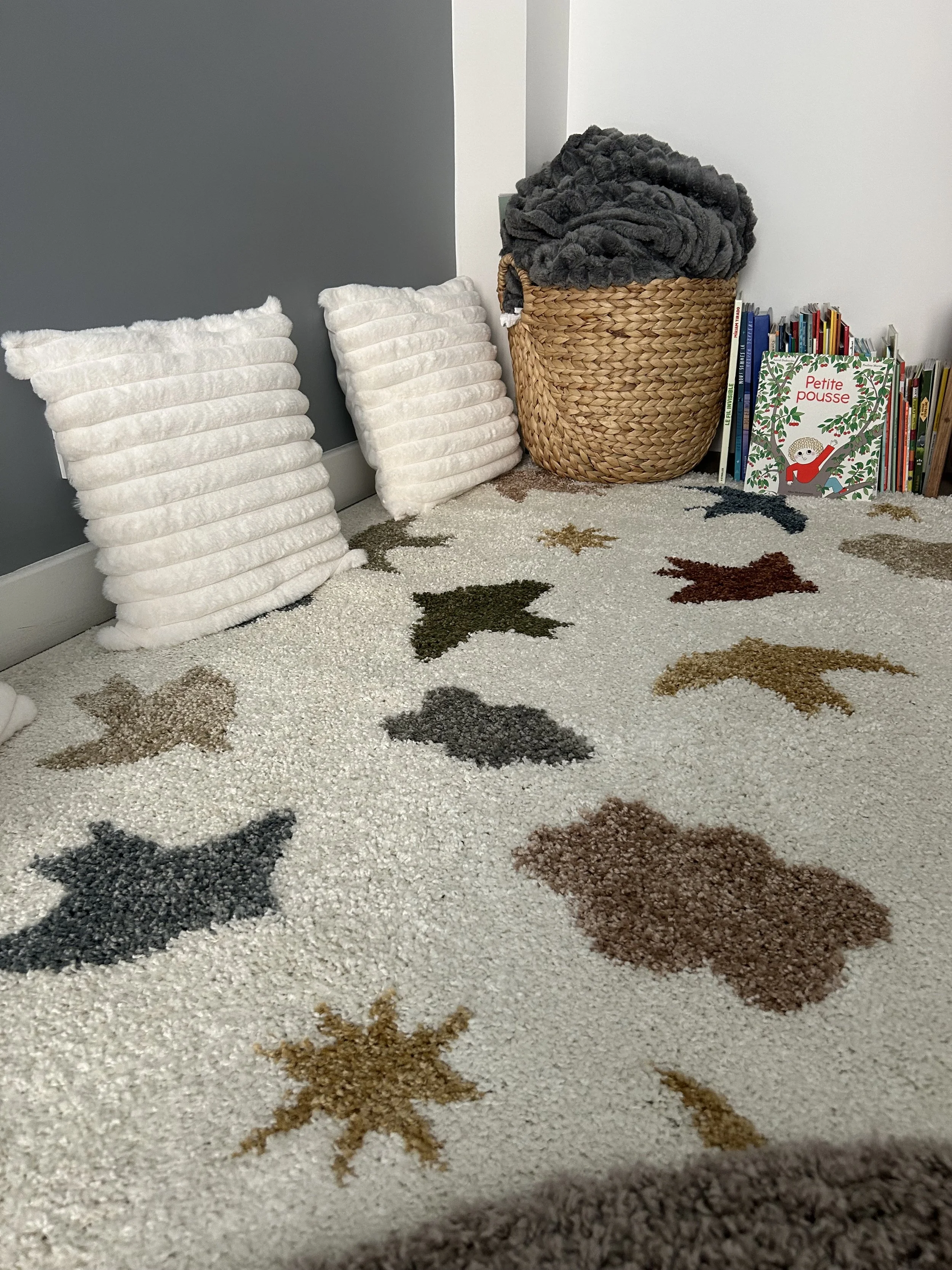 Tapis à motifs d'étoiles colorées, coussins blancs avec textures de bandes, panier avec un gros coussin gris foncé, livres et un livre pour enfants intitulé "Petite pousse".