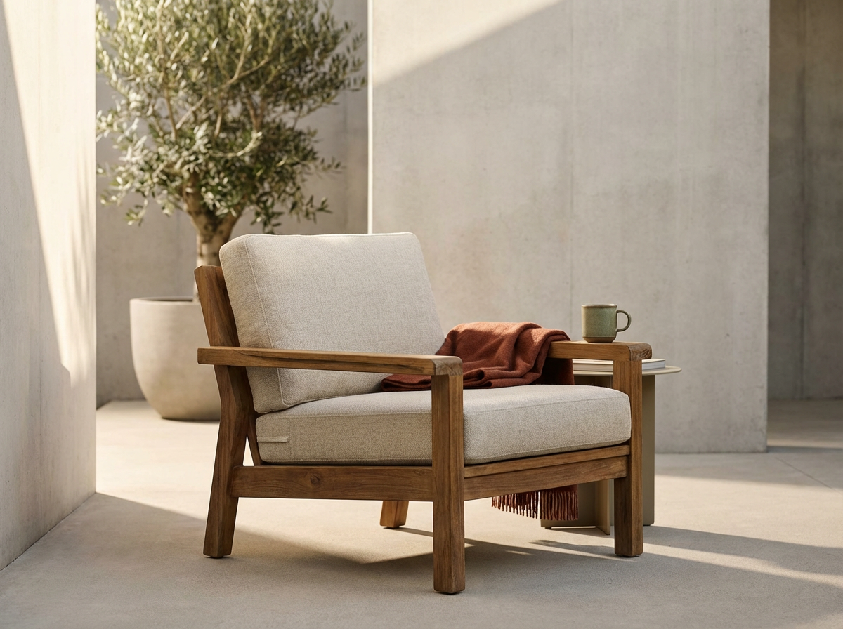 A minimalist outdoor sitting area with a beige cushioned armchair, a small side table holding a green mug and some books, a reddish-brown throw blanket, and a potted olive tree in the background.