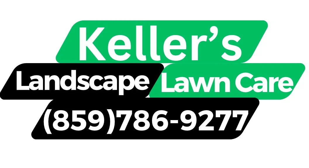 Logo for Keller's Landscape and Lawn Care featuring green and black shapes with white text and a phone number.