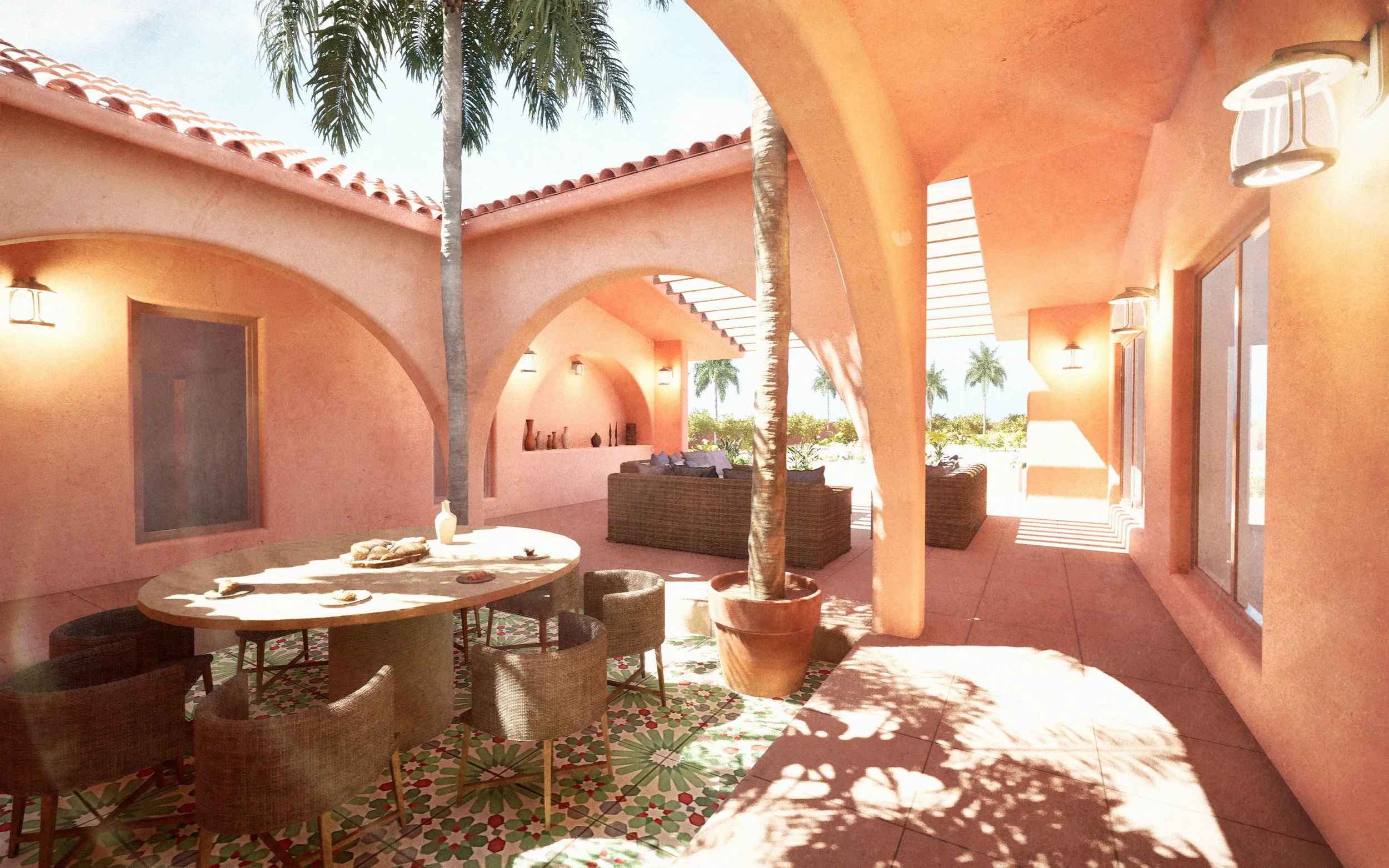 A cozy outdoor patio with peach-colored walls and arched openings, featuring a round dining table with plates and a centerpiece, surrounded by wicker chairs. Palm trees are visible in the background, and warm lighting fixtures adorn the walls.