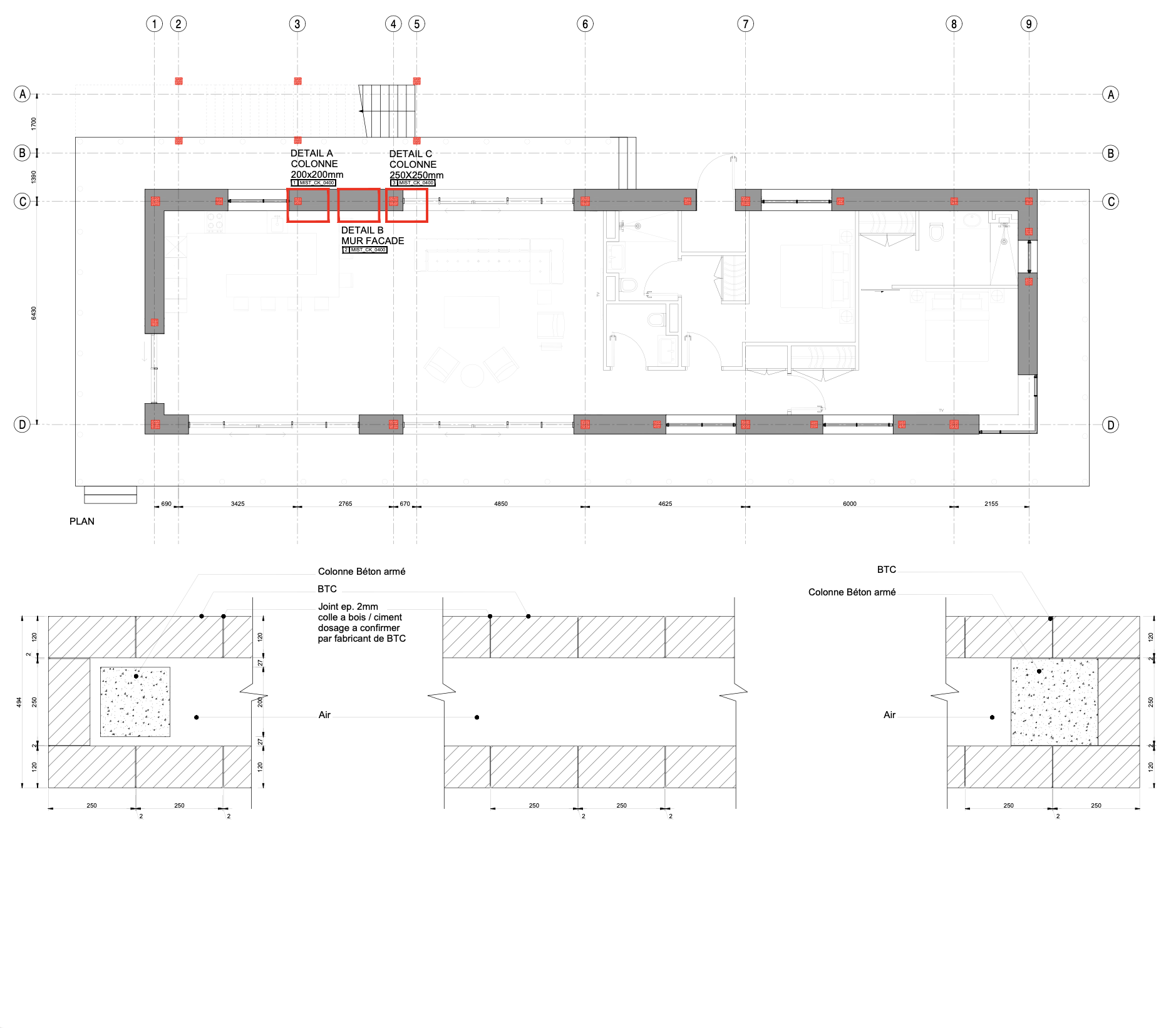 Architectural floor plan of a building with rooms, walls, and structural details, including annotations and measurements.
