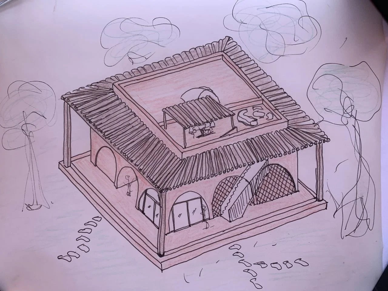 Hand-drawn sketch of a two-story house with a tiled roof, a central courtyard with a shaded pergola and greenery, arched windows and doorways, surrounded by trees and a pathway.