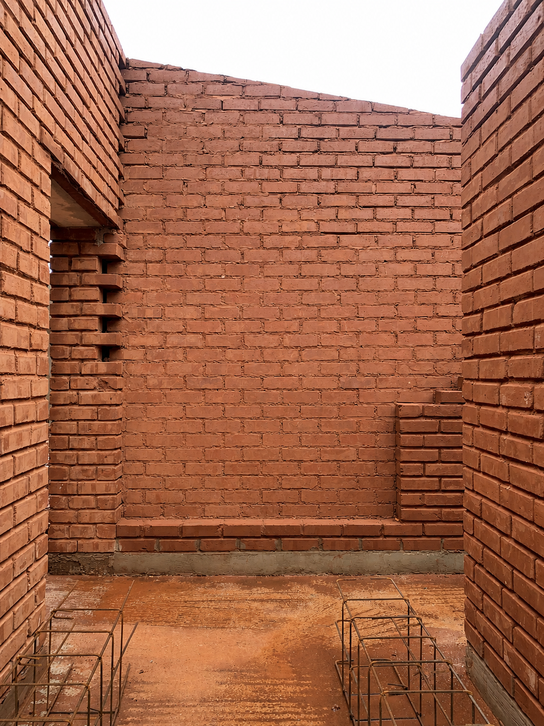 A small outdoor space with red brick walls, a cement base, and metal wire frames on the ground, possibly for construction or gardening.