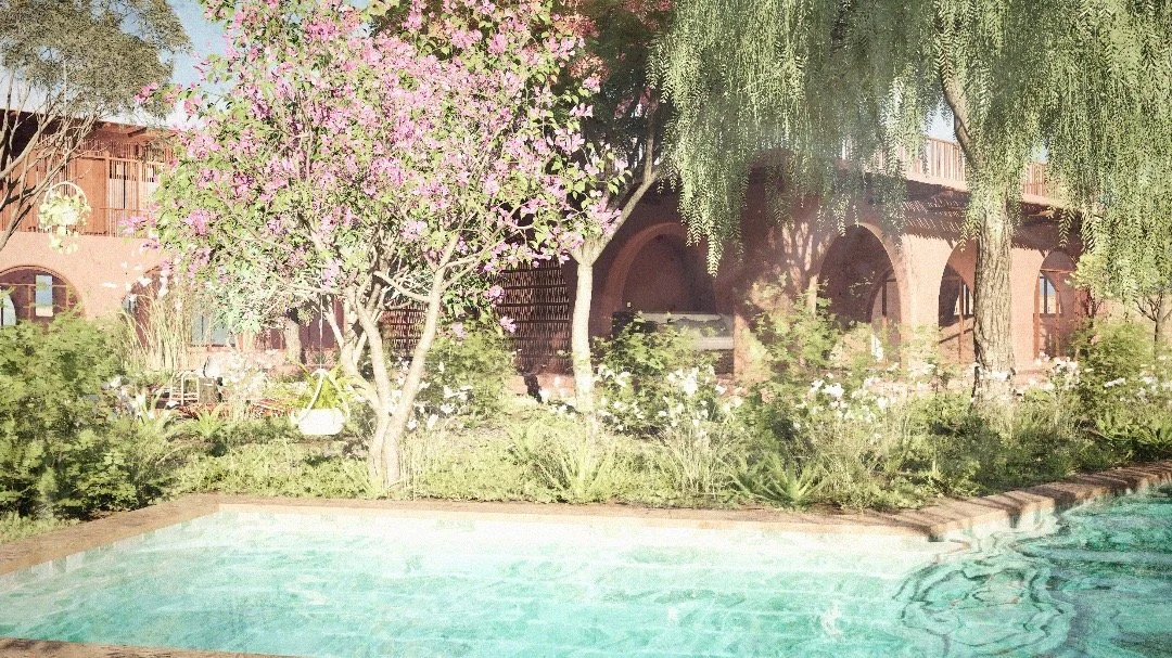 A backyard with a swimming pool, blooming pink and white flowers, lush green trees, and a brick building with arches in the background.