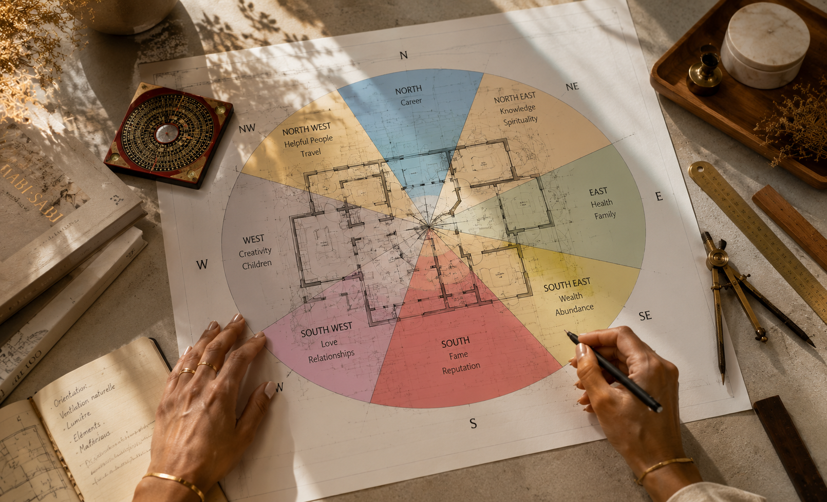 A person working on a colorful compass rose diagram with a house plan in the center, surrounded by drafting tools, notebooks, and decorative objects on a desk.