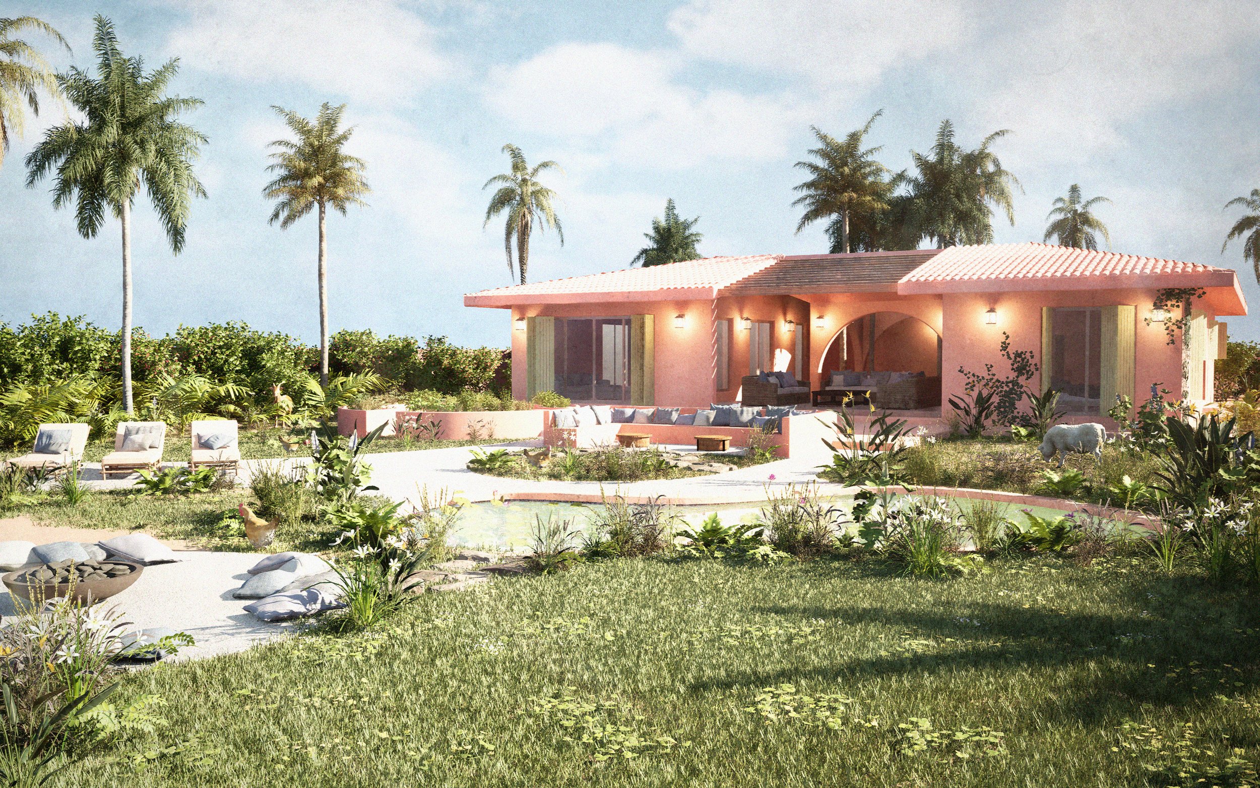 A pink house with a tiled roof, surrounded by palm trees and lush greenery. There are outdoor seating areas with cushions, and a seated person in white on the porch. The garden has various plants, bushes, and a few chickens, with a sunny sky above.