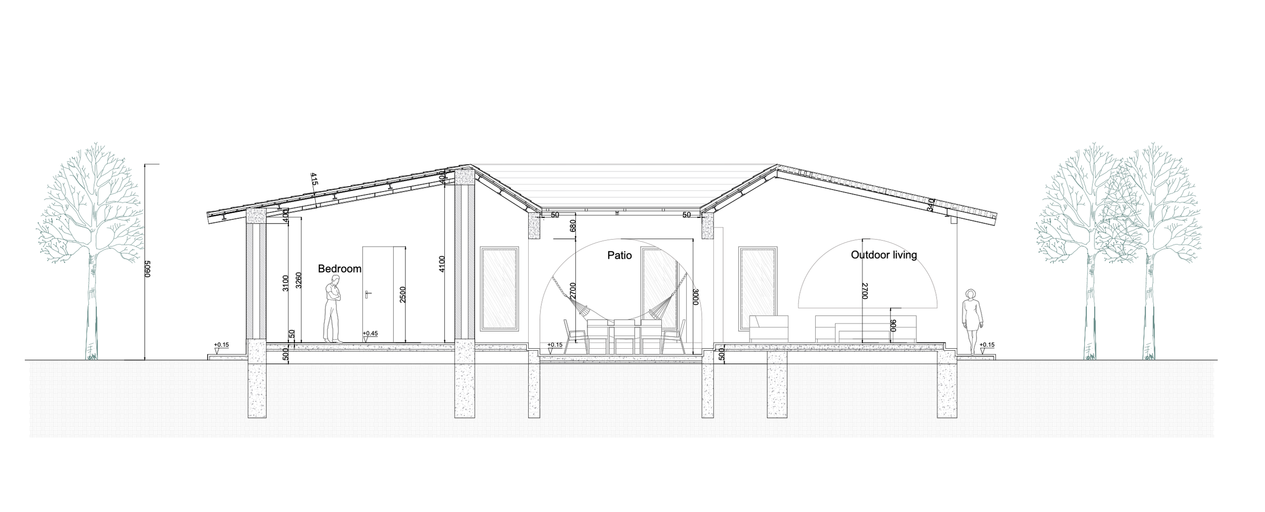 Architectural drawing of a single-story house with a sloped roof, featuring a bedroom, patio with a hammock and outdoor living space, flanked by trees.