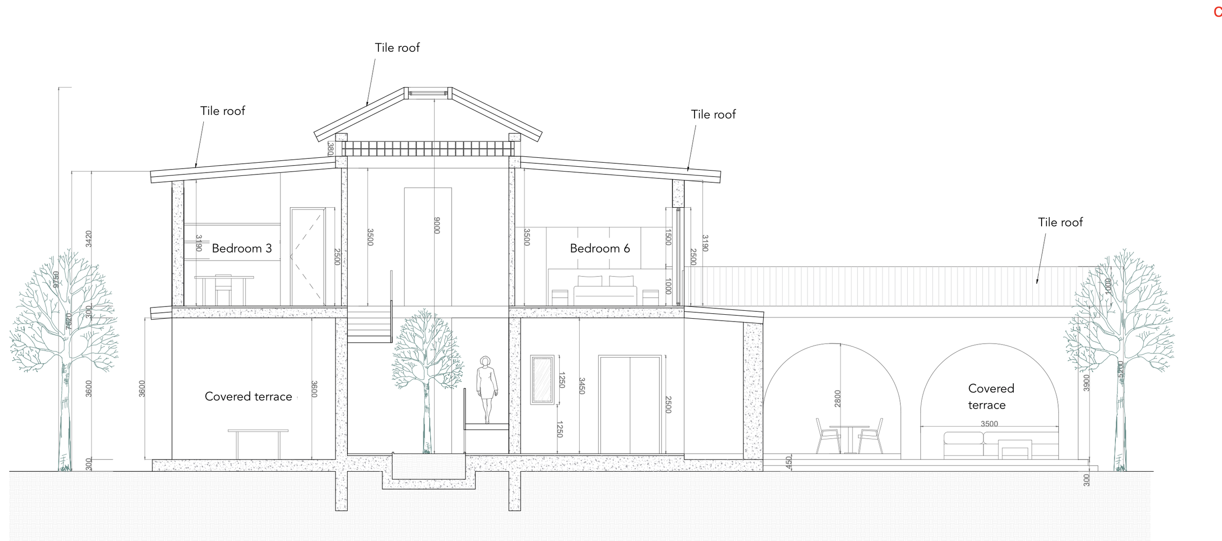 Architectural drawing of a house cross-section showing bedrooms, covered terraces, tile roofs, trees, and a person standing on the stairway.