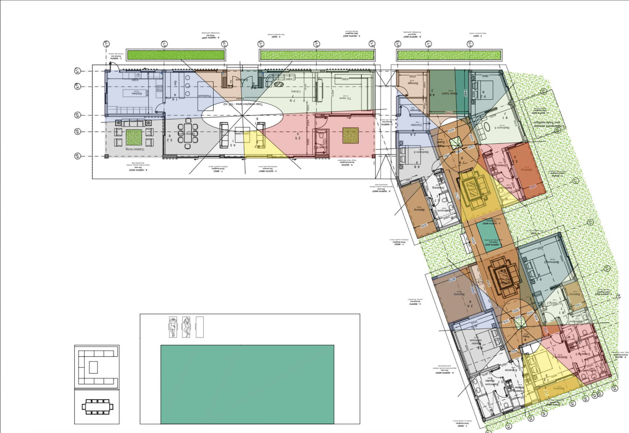 Architectural blueprint of a building with color-coded sections, rooms, and outdoor landscaping.