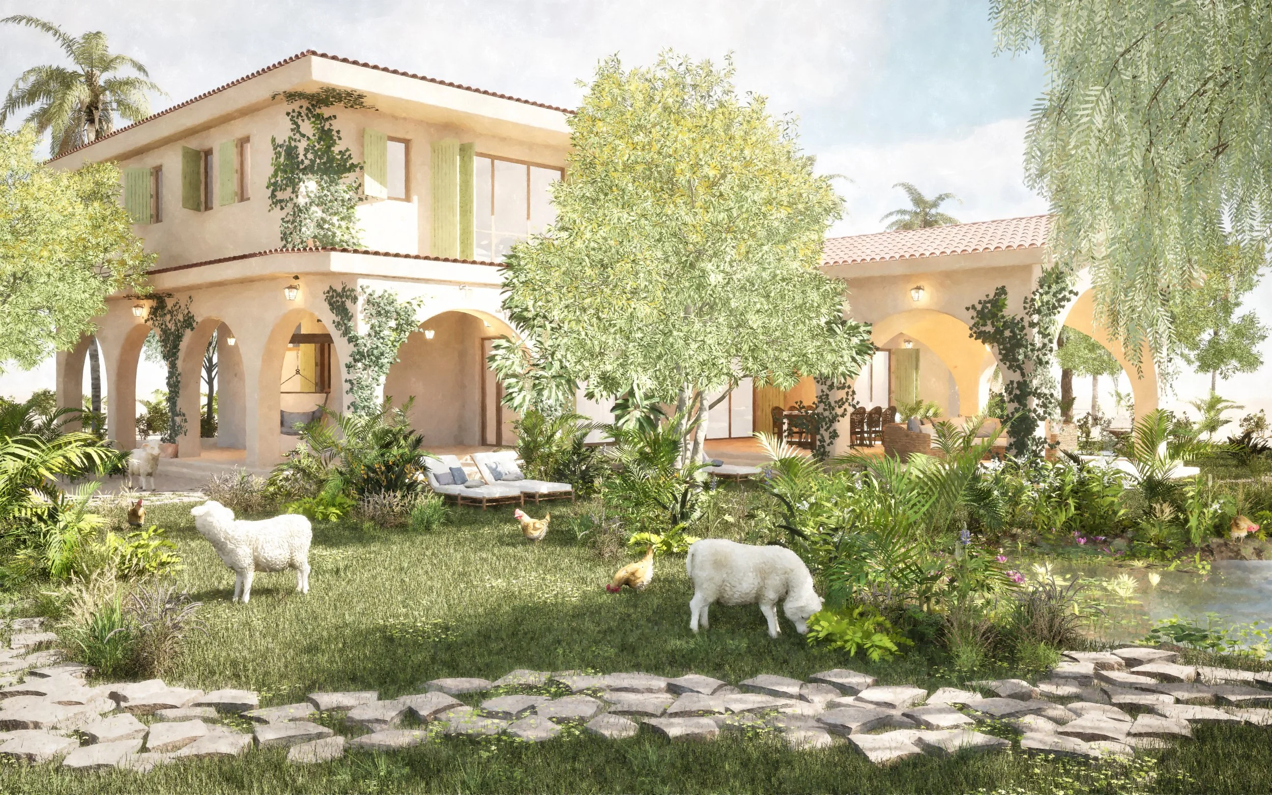A two-story house with a stucco exterior, green shutters, and red-tiled roof, surrounded by lush trees and greenery with goats and chickens in the yard.